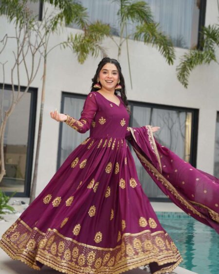 Women’s Ethnic Anarkali Style Floor-Length Gown in Magenta with Golden Zari Embroidery – Festive & Wedding Wear