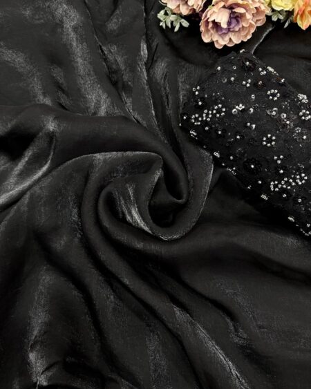 Women's Classic Black Shimmer Saree with All-Over Sequin Embellished Blouse Piece
