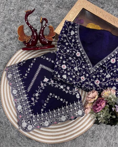 Royal Blue Embroidered Blouse Piece with Intricate Mirror, Sequin & Floral Threadwork – Ready-to-Stitch Fabric for Sarees & Festive Ethnic Wear