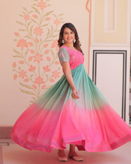 Women's Dual-Tone Ombre Gown in Candy Pink & Aqua Green with Embroidered Bodice – Festive & Contemporary Wear