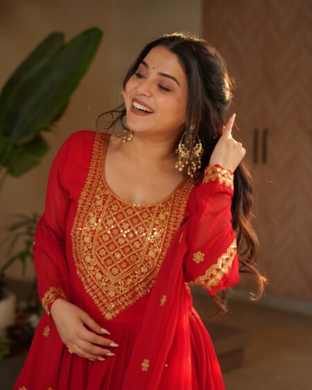 Women's Radiant Red Anarkali Suit Set with Golden Zari & Sequin Embroidery – Perfect for Festive & Wedding Occasions