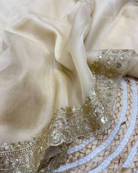 Luxurious Ivory Organza Dupatta with Heavy Golden Sequin & Zari Cutwork Border – Perfect for Weddings & Festive Layering