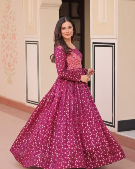 Women's Festive Berry Purple Printed Anarkali Gown with Intricate Zari Work & Embellished Yoke – Perfect for Traditional & Celebration Wear
