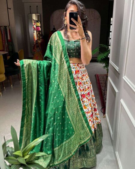 Women's Tussar Silk Patola Print Lehenga Choli Dupatta Set