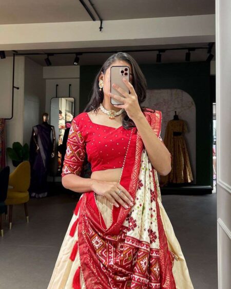 Women's Tussar Silk Patola Print Lehenga Choli Dupatta Set