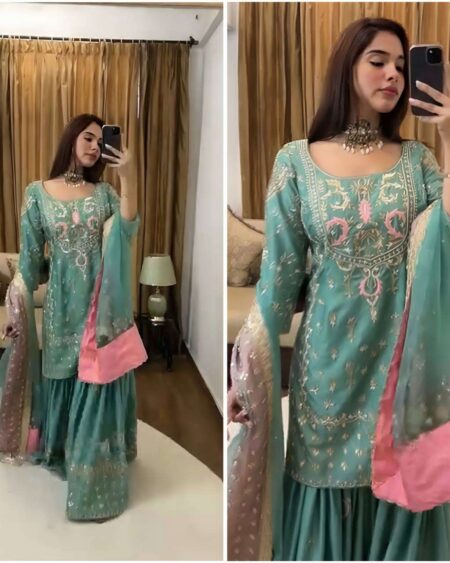 Women's Chinon Silk Heavy Embroidery Straight Kurta With Sharara and Dupatta set